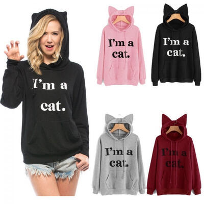 

NEW Women&39s Casual Sweater Letter Print I AM A Cat Ear Pullover Hoodie Tops
