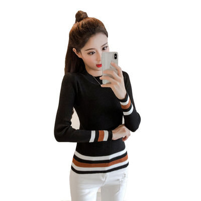 

Autumn Round Collar Slim Striped Print Color Matching Sweater Women Long-Sleeved Casual Knitted Bottoming Pullovers Tops Female