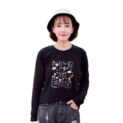 

Womens T-shirt Cartoon Print Pullover Round Neck Long-sleeved Casual T-shirt Tops
