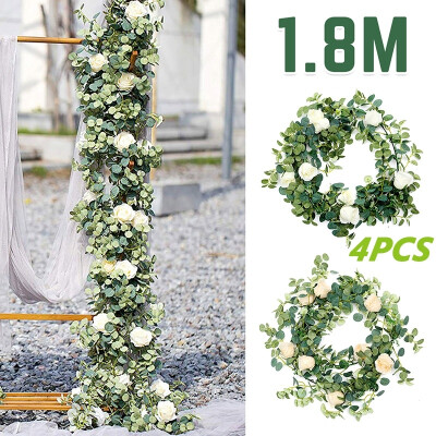 

23 4PCS Artificial Eucalyptus Wreath&Rose Greenland Wreath Eucalyptus Leave Table Wedding Background Wall Decoration