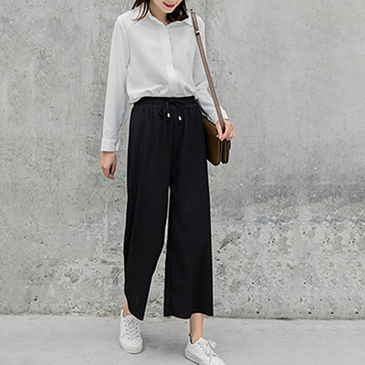 

Women Summer New Korean Version Of Drape Loose Wide-leg Pants Solid Color Elastic High Waist Tie Straight Casual Pants