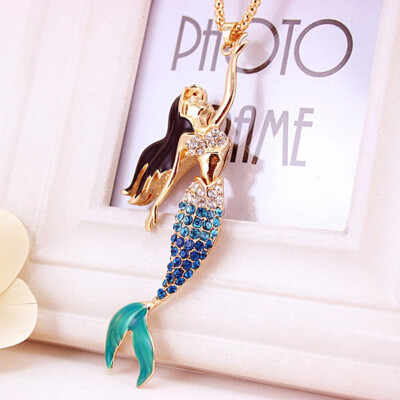 

New Hot Crystal Enamel Mermaid Pendant Sweater Chain Necklace Jewelry