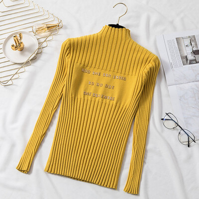 

Women Sweater Autumn Knitted Turtleneck Embroidery Letter Long Sleeve Sweater Knitwear Elasticity Casual Jumper Slim Pullover
