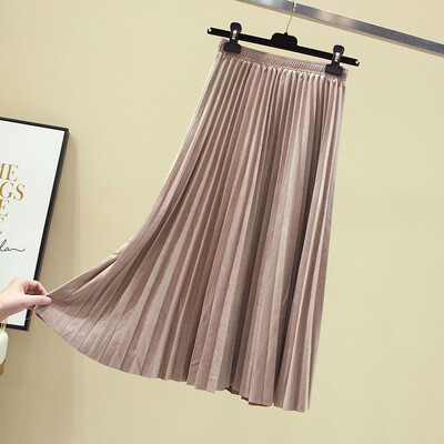 

Autumn Winter Women Pleated Skirt Elastic High Waist Long Skirts Casual Vintage A-line Suede Party Skirt Ladies Black Pink