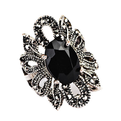 

Retro Black Crystal Flower Marcasite Ring Woman Lady Fashion Jewelry Size 8