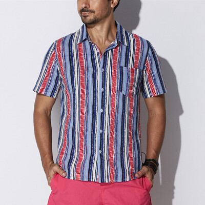 

Tailored Mens Summer Print Turn-Down Collar Slim Fit Short Sleeve Top Shirt Blouse
