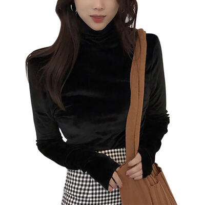 

Womens Warm Gold Velvet Pullovers Tops Winter Warm Turtleneck Long Sleeve High Collar Bottoming Slim T-shirt Female Autumn