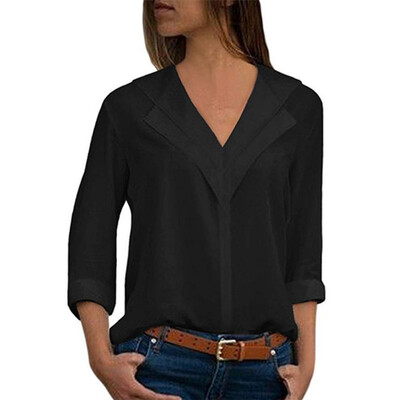 

Blouses Women Long Sleeve Solid Color Shirts Fashion Girl V-neck Chiffon Shirt Office Ladies Plain Roll Sleeve Female Blouse Top
