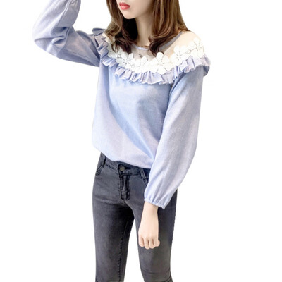 

Summer Womens Long-Sleeve Blouse Lace Stitching Lantern Sleeves Shirt Tops Women Clothing P3