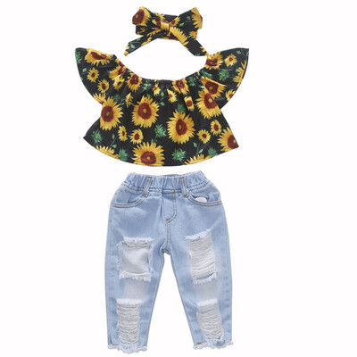 

Summer Baby Girl Casual Off-shoulder Design Floral T-shirt Tops Denim Trousers Headband Outfits Set