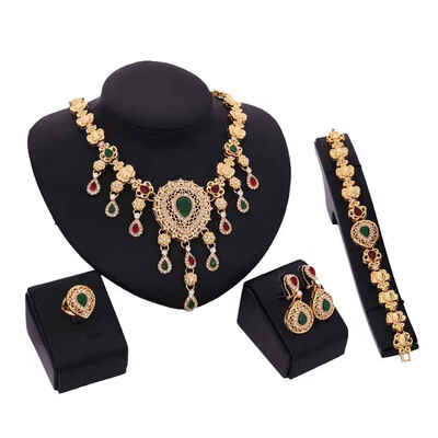 

Colorful Waterdrop Shape Gemstones Shinning Crystal Flower Chain Necklace Bracelet Ring Set