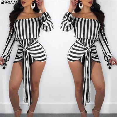 

Women Striped Long Sleeve Slash Neck Loose Lace Up Sexy Playsuit European&American Style Beach Playsuits