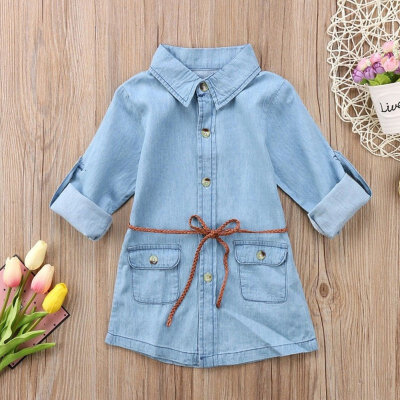 

Dresses For Girls Cotton Casual Children Dress For Girls Sashes Button Kids Clothes For Girls Denim Girls Dresses Summer
