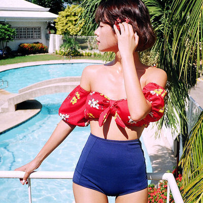 

2019 Sexy Ladies Retro Floral Off Shoulder Bikini High Waist Swimsuit Female Swimwear Women Biquini Swim Bathing Suit