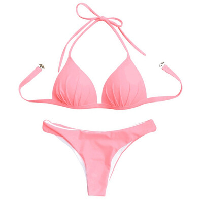 

bikini 2019 swimwear women Fashion Ladies Sports Bikini Suit Sexy Folds Solid Color Hanging Neck Two-Piece Swimsuit