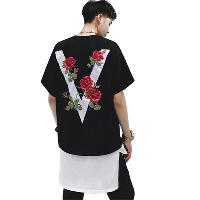 

Capital V Rose Printed Casual T-Shirt Couple Short Sleeve O Neck Loose Long T-Shirt Harajuku Cozy Wild Black White T Shirts New