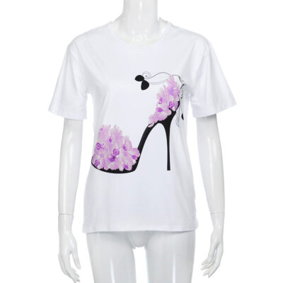 

Fashion Summer Women Flower High Heel Print Tee Top Short Sleeve O-Neck T-shirt