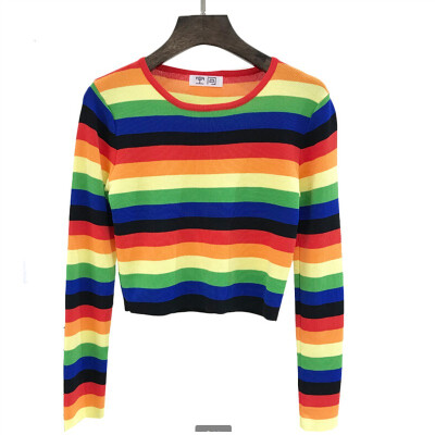 

sweaters women o-neck long sleeve autumn sweater fashion rainbow knitted pullovers Female 2019 new winter sweaters Slim pullover