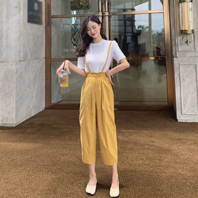 

Summer Womens New Style Elegant Fashion Design Casual Two Pieces Set Fashion O-Neck Solid Top And Calf-Length Overalls Set
