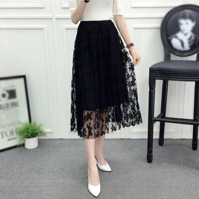 

Women Mesh Floral Embroidery A-Line Tutu Lace Skirt Women Elegant Tulle Long Pleated Skirt Midi Skirt Summer Hot Sale