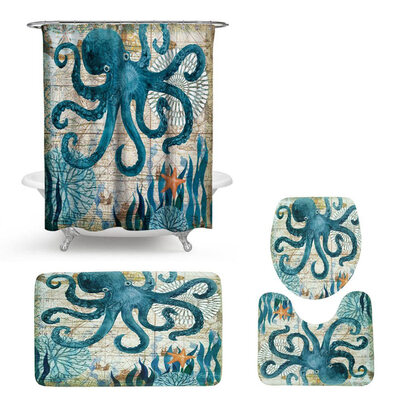 

Sea Turtles Bathroom Polyester Shower Curtain Non Slip Toilet Cover Rugs Mat Set