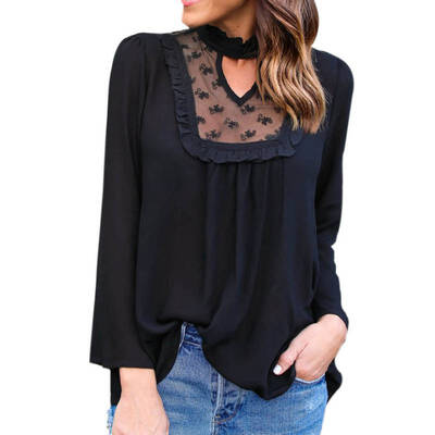 

Womens Summer Casual Chiffon Lace Hellow Out V-neck Tops Blouse Loose Long Sleeve Shirt