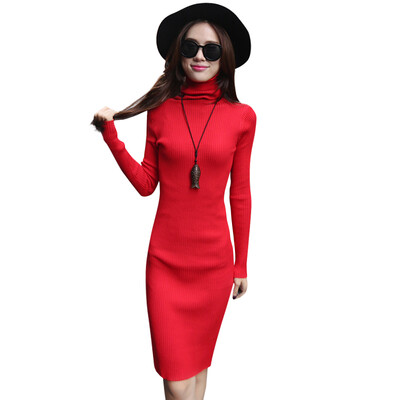 

Women Temperament Turtleneck Sweater Solid Color High Waist Long Knit Long Sleeve Dress Slim Bag Hip Base Skirt