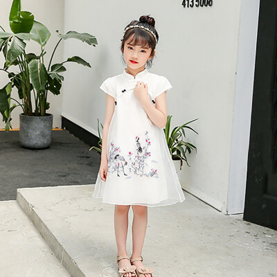 

Children Girls Short-sleeved Dress Chinese Style Vintage Cheongsam One-piece Qipao Cute Embroidery Print Dress Baby Clothes