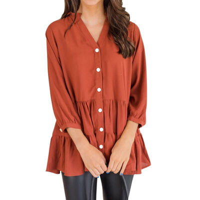 

Red Blouse Women Autumn Stylish Concise Casual Blouse All-match Long Sleeve Loose Solid Color Button-down Shirt