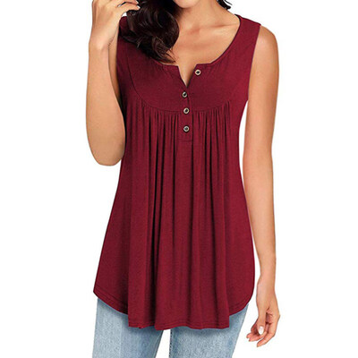 

Summer Women Casual Solid Color Buttons Pleated Loose Sleeveless Tank Top Vest