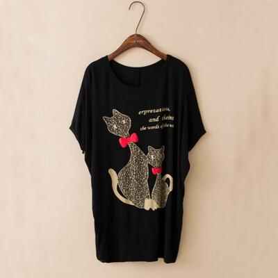 

10 Kinds Of 2 Color Modal Casual Letters Animal Print Round Neck Bat Shirt Female T-shirt Blouse 3