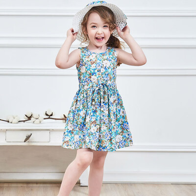 

Cute Children Summer Girls Round Collar Cute Cartoon Floral Print Sleeveless Sweet Princess DressHat 1-7Y Toddler Girl Clothes