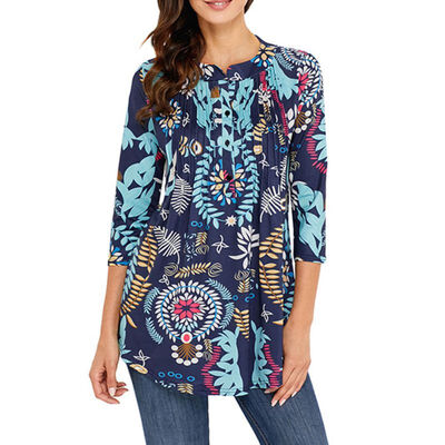 

2XL Womens Tops&Blouses Tunic Floral Print Three Quarter Sleeves Top Vintage Casual Long Tee Shirts Women Clothes