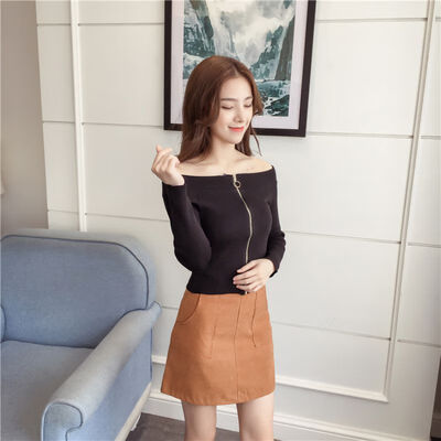 

One-neck collar off-the-shoulder solid color slim slimming long-sleeved sweater spring new zipper small sexy shirt tideq1