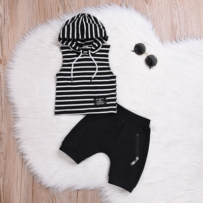 

Summer Baby Boy Casual Stripe Print Sleeveless Hooded Tops T-shirt Shorts Toddler Outfits Clothes