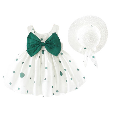 

2Pcs Baby Girls Dress Sets Kids Polka Dot Pattern Bow Dresses Casual Sleeveless Tutu Sundress with Beach Hat