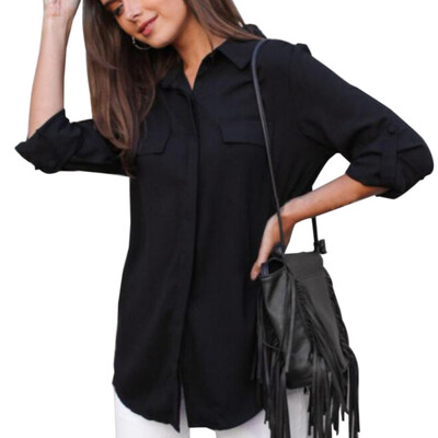 

Solid Pocket Casual Shirt Women Long Sleeve Summer Autumn Button Up Stand Collar Loose Tops Office Ladies Blouse