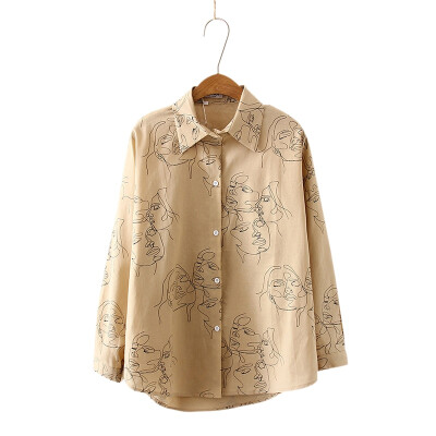 

Female Cotton Face Printing Full Sleeve Lapel Shirts Women Tops Ladies Clothing blusa feminina 2019 New Autumn Blouse Shirt