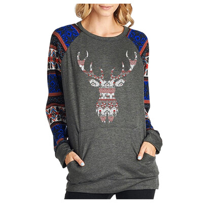 

Tailored Womens Fashion Long Sleeve Christmas Elk Print Blouse T-shirt Tops