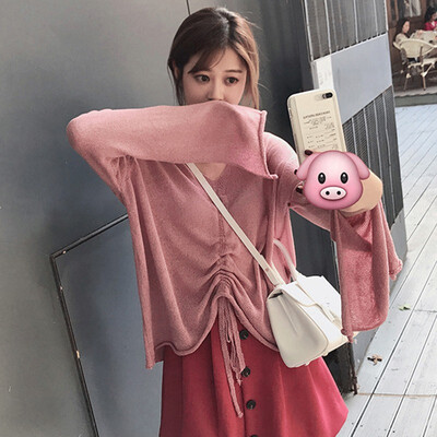 

Chiffon Drawstring Bandage Cover Up Blouse Thin Sunscreen black Loose Casual long Sleeve Open Stitch Shirt Tops Lady