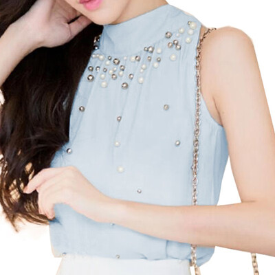

fashion sleeveless chiffon blouse beading turtleneck solid blusas OL slim waist shirts sexy back bow tie bandage women tops