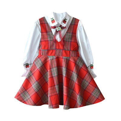 

NEW Casual Outfits Set For Baby Girl Autumn Baby Girl Long Sleeve Cotton T-shirt Blouse Strap Plaid Print Dress Casual Outfits