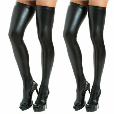 

Womens Wet Look PU Lingerie Leather Thigh High Stockings Stay-Up Leggings