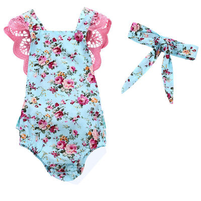 

Summer Baby Girl Flower Print Backless Lace Romper Headband Jumpsuit Infant Clothes For Girls