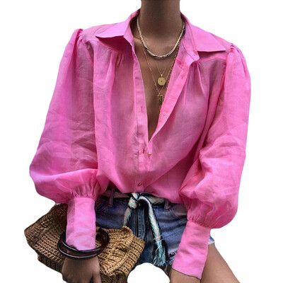 

Women Blouses Vintage Lantern Sleeve Autumn Winter V-Neck Blouse Female Loose Shirts Tops blusas mujer