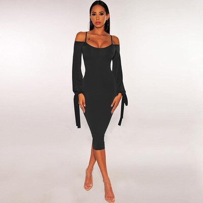 

Fashion Women Solid Bodycon Dress Spaghetti Strap Off the Shoulder Long Sleeve Party Club Midi Dress