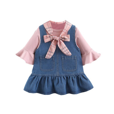 

Baby Girl Dress Long Sleeve Plaid Denim Dress Flare Sleeve Cotton T-shirt Blouse Strap Dress Casual Outfits