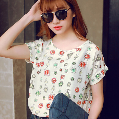 

2018 New Large Size Women Printing Blouse Bird Bat Shirt Short-Sleeved Chiffon Blusas Femininas Roupas Summer Style