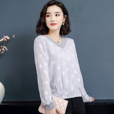 

Korean new fashion Slim long-sleeved female chiffon women blouse casual loose tops solid women shirt V Neck