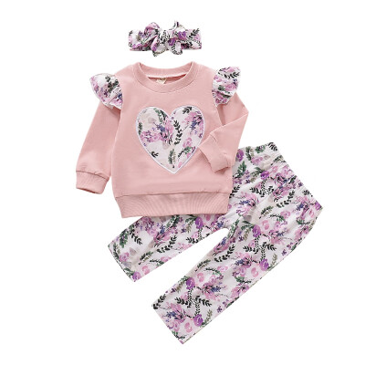 

New Autumn Baby Girl clothes 3pcs Long Sleeve Heart Flower Print Sweatshirts Tops Trousers With Headband Outfits Kids Clothes